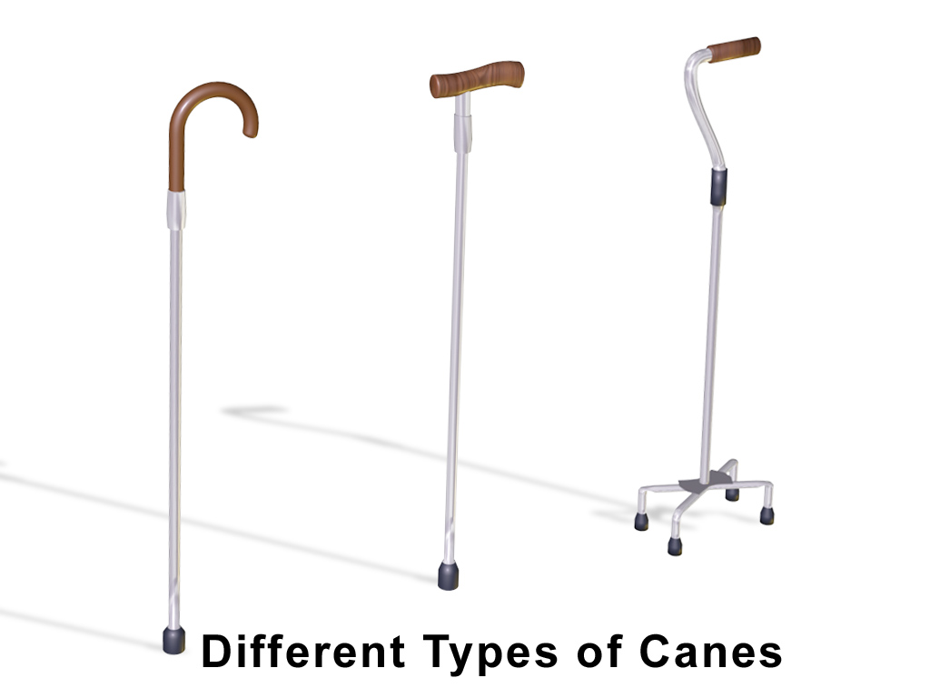 Figure 16.1 — Cane types in home-care use: single-point, small-base quad, large-base quad, and offset/standard variants. Each offloads ~20-25% body weight; quad canes face their flared base AWAY from the body. Fit so the handle reaches the greater trochanter / ulnar styloid with the elbow in 20-30 degrees of flexion, tip placed ~6 inches lateral and ~6 inches anterior to the small toe